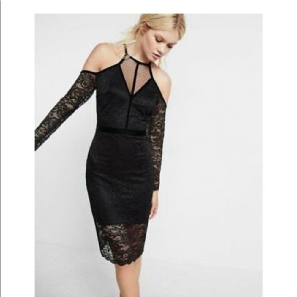 EXPRESS Lace Velvet Piped Cold Shoulder Sheath Dress‎